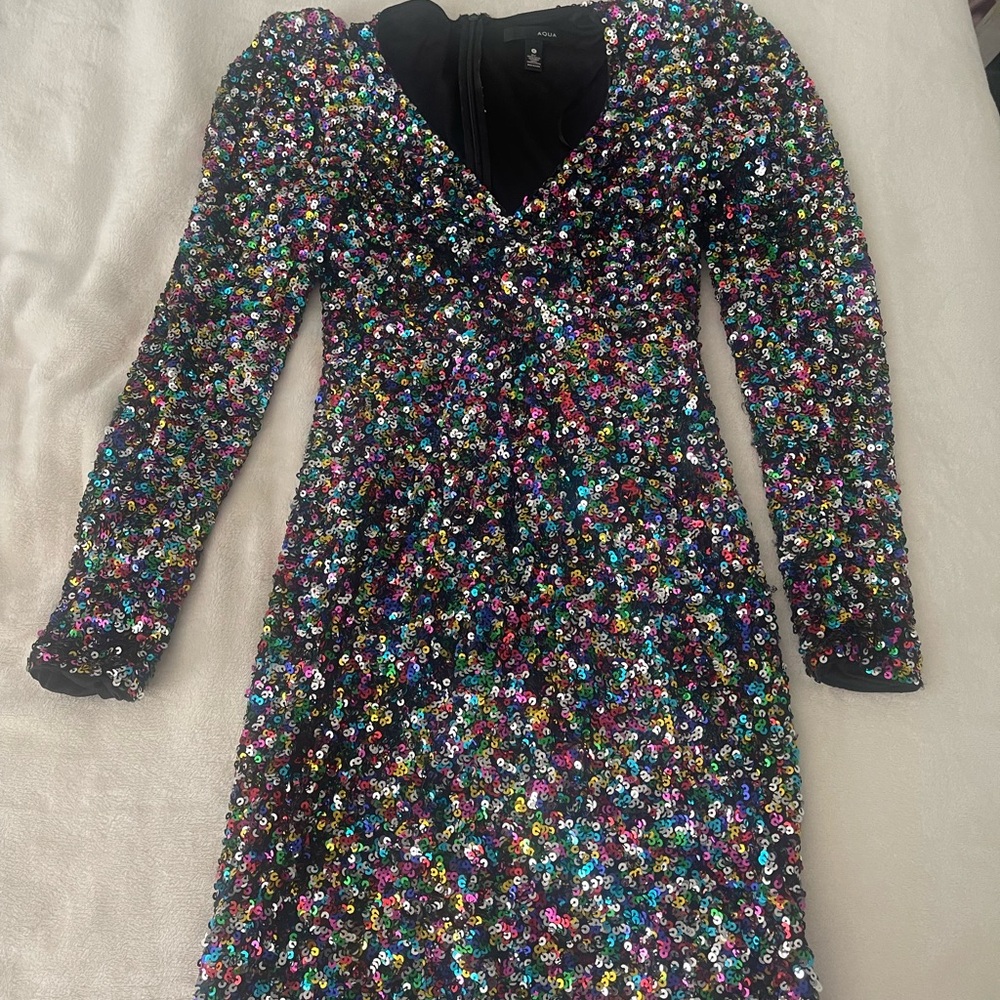 Aqua Long Sleeve Sequin Dress - Black and Multicolor
